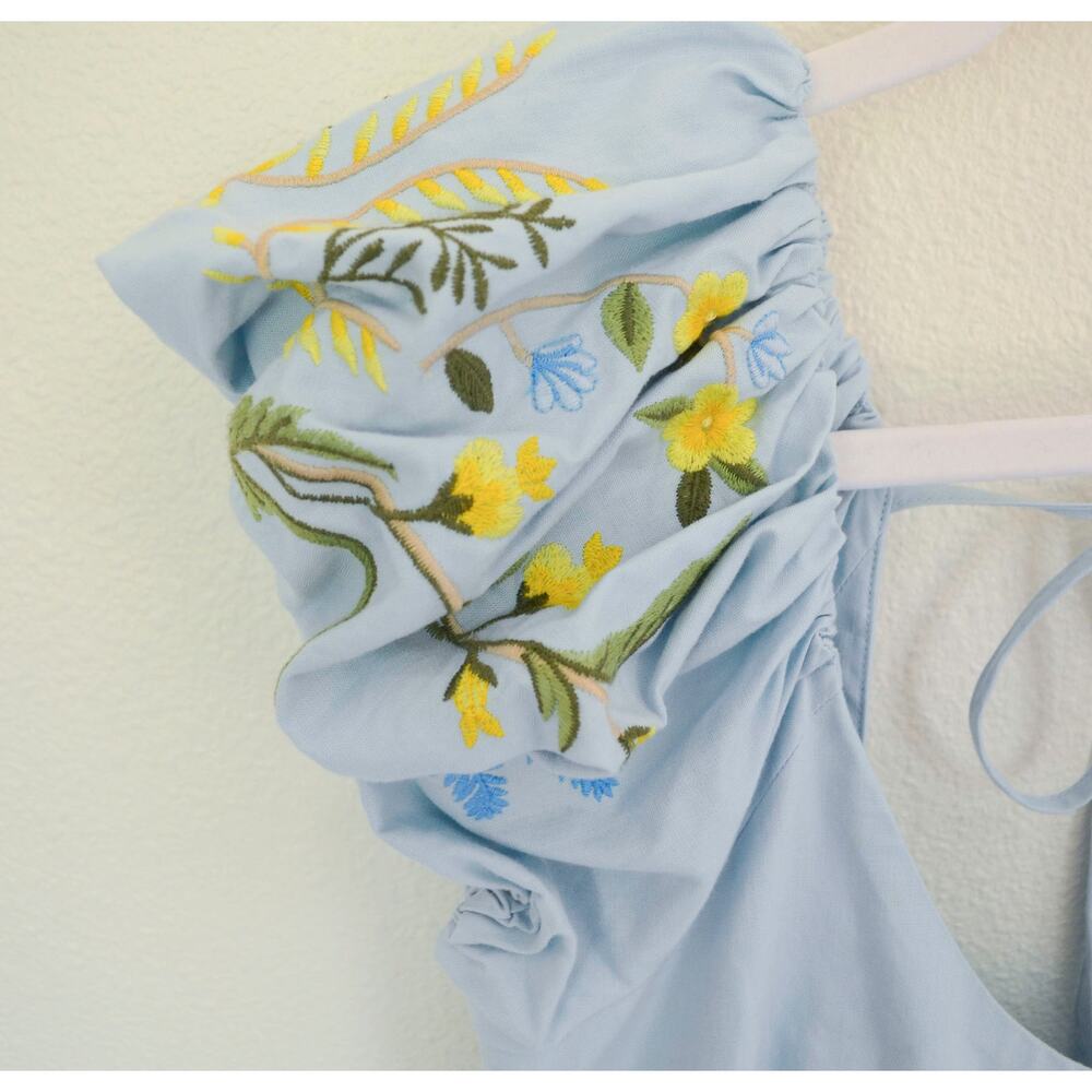 Fanm Mon Perla Dress Embroidered Blue Floral Puff Sleeve Medium - Picture 3 of 7